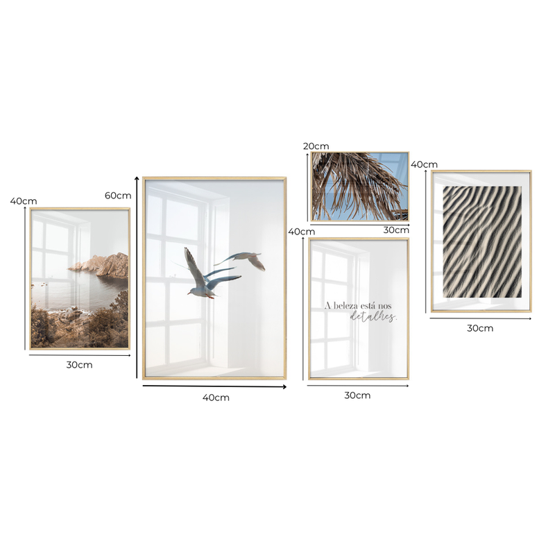 Dupla de Quadros em Vidro Gaivotas Minimalista Vida para Sala  Beleza nos Detalhes Slim Natural - 40x60 - 30x40