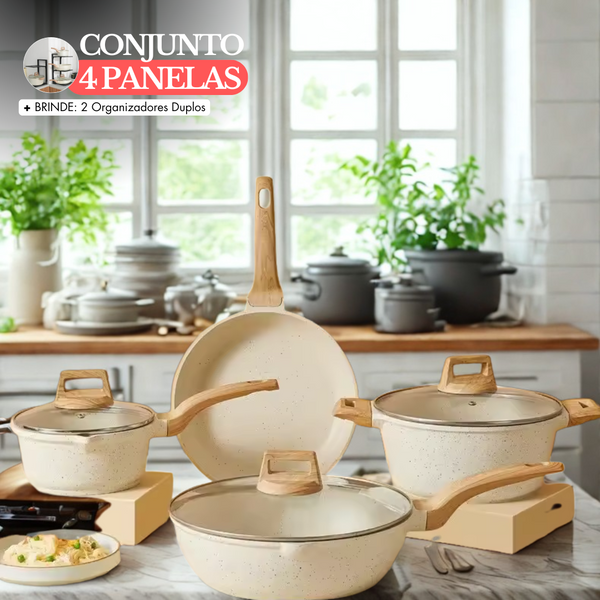 [Conjunto Aravita] 4 Panelas Antiaderente com Revestimento de Granito + BRINDE: 2 Organizadores Duplos
