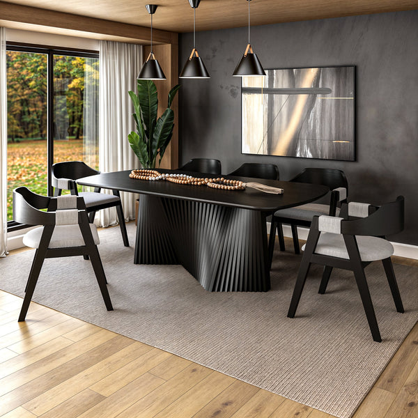 Conjunto de Mesa Orgânica Triangulo Cannes Base Redonda Ripada com + 6 Cadeiras Michela de Telinha Tecido em Linho Rustico cor Bege 417