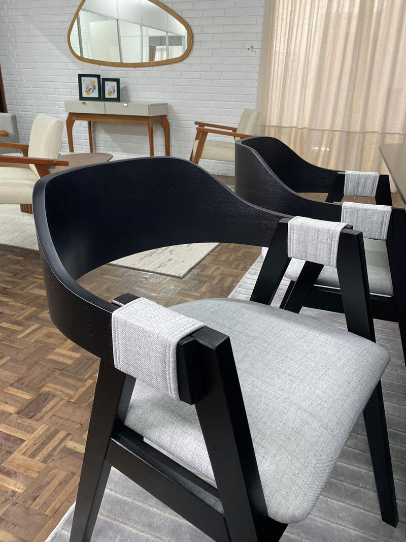 Conjunto de Mesa Orgânica Triangulo Cannes Base Redonda Ripada com + 6 Cadeiras Michela de Telinha Tecido em Linho Rustico cor Bege 417