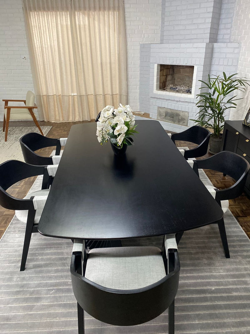 Conjunto de Mesa Orgânica Triangulo Cannes Base Redonda Ripada com + 6 Cadeiras Michela de Telinha Tecido em Linho Rustico cor Bege 417