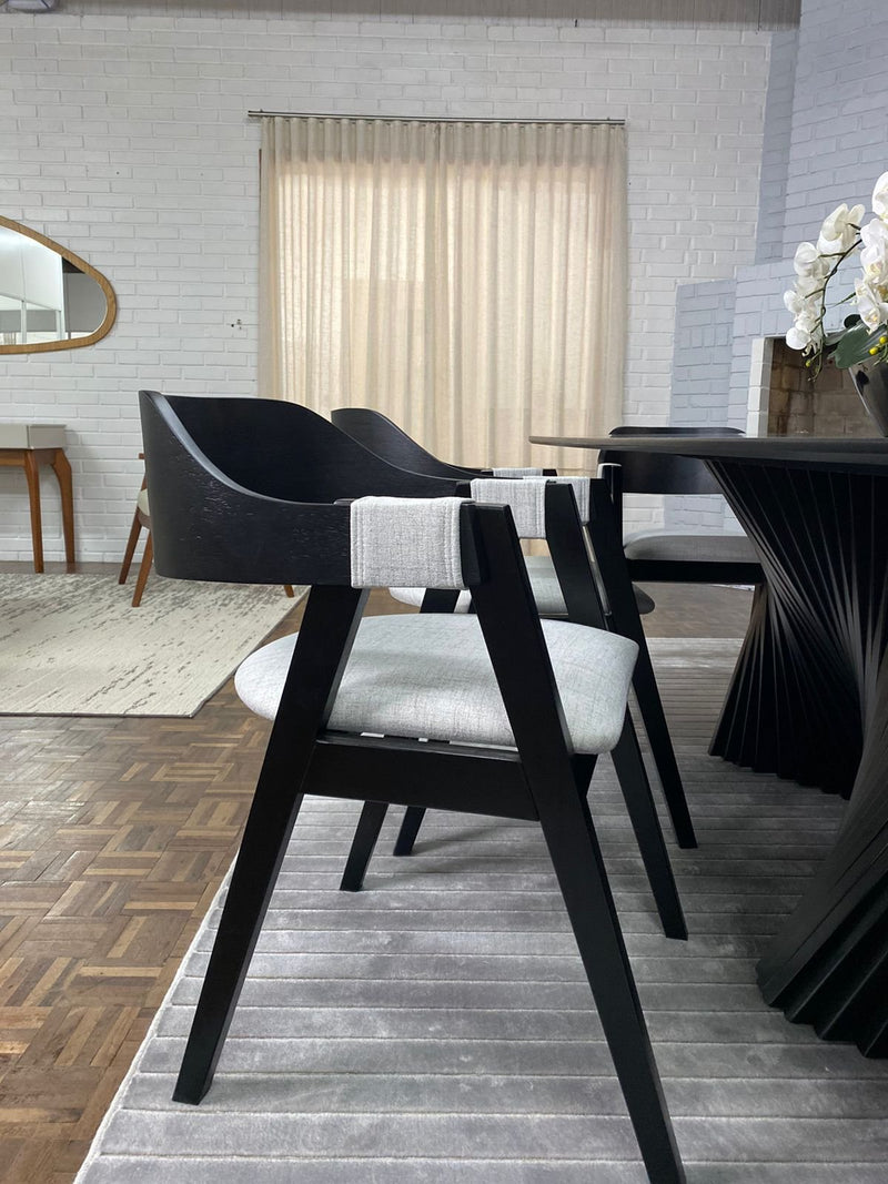 Conjunto de Mesa Orgânica Triangulo Cannes Base Redonda Ripada com + 6 Cadeiras Michela de Telinha Tecido em Linho Rustico cor Bege 417