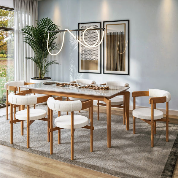 Conjunto de Mesa Oval Oslo com Tampo de Vidro na cor Fendi Base Oval com Cadeiras Alexandria de Telinha no Linho Bege 288