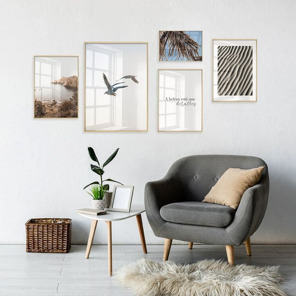 Dupla de Quadros em Vidro Gaivotas Minimalista Vida para Sala  Beleza nos Detalhes Slim Natural - 40x60 - 30x40
